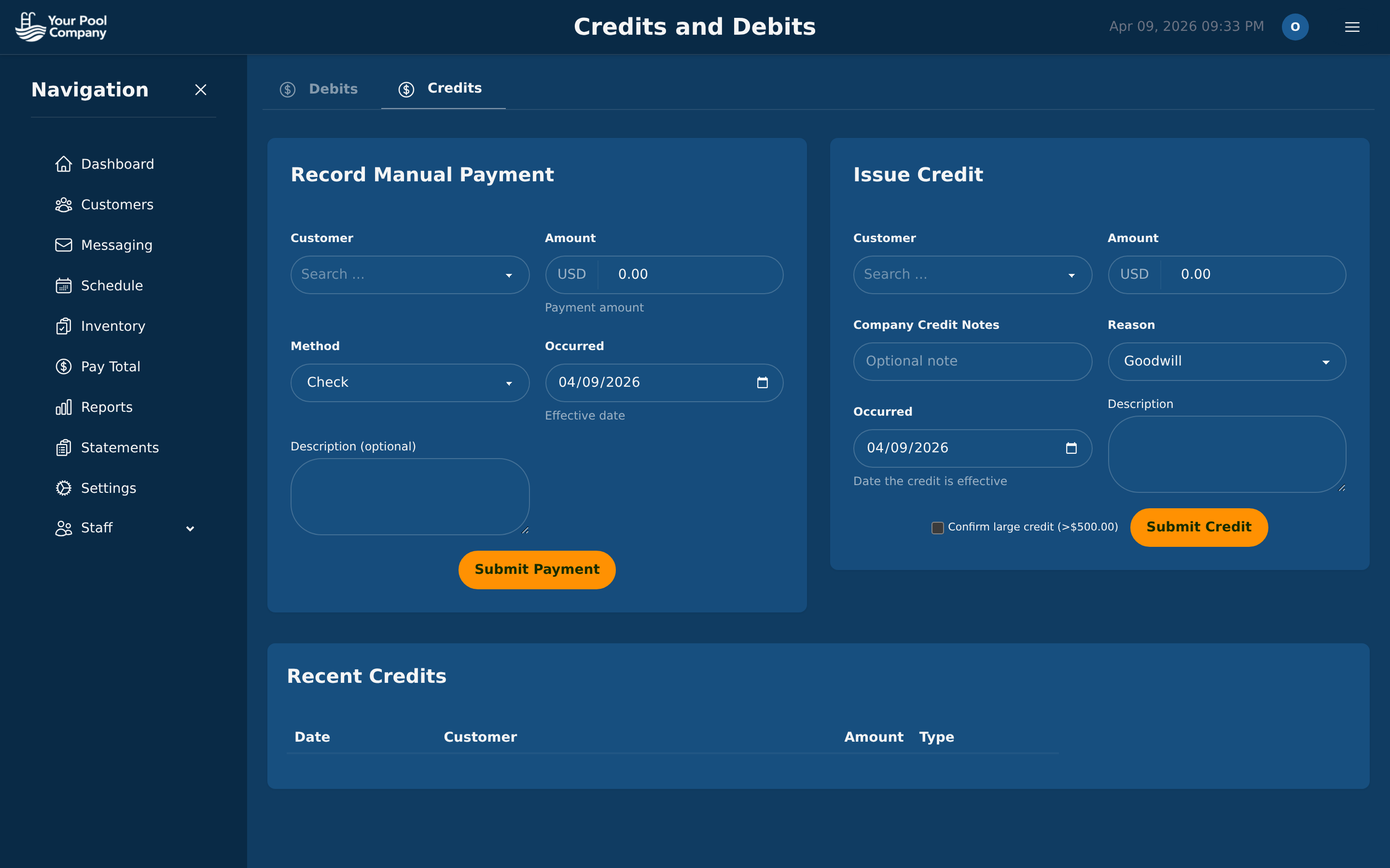 EZ Pool Biller payment credits and billing dashboard