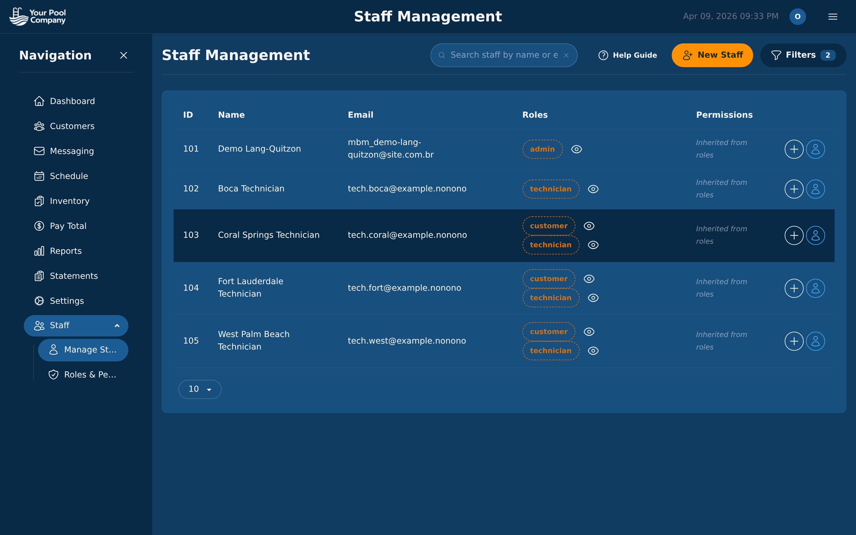 EZ Pool Biller staff management with impersonate buttons