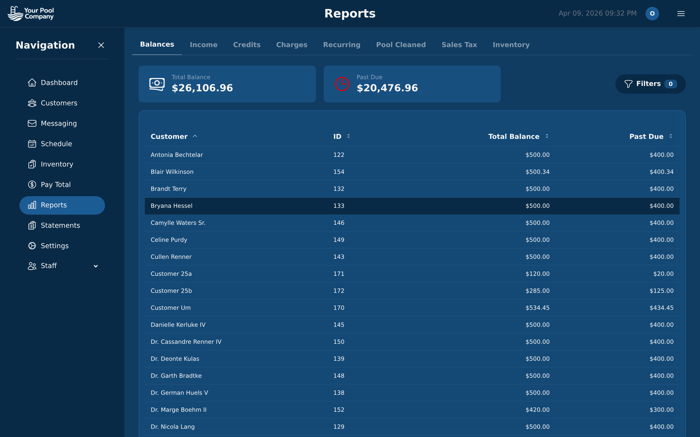Reports dashboard with financial and operational reports