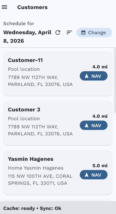 EZ Pool Biller mobile app daily schedule with customer stops and navigation