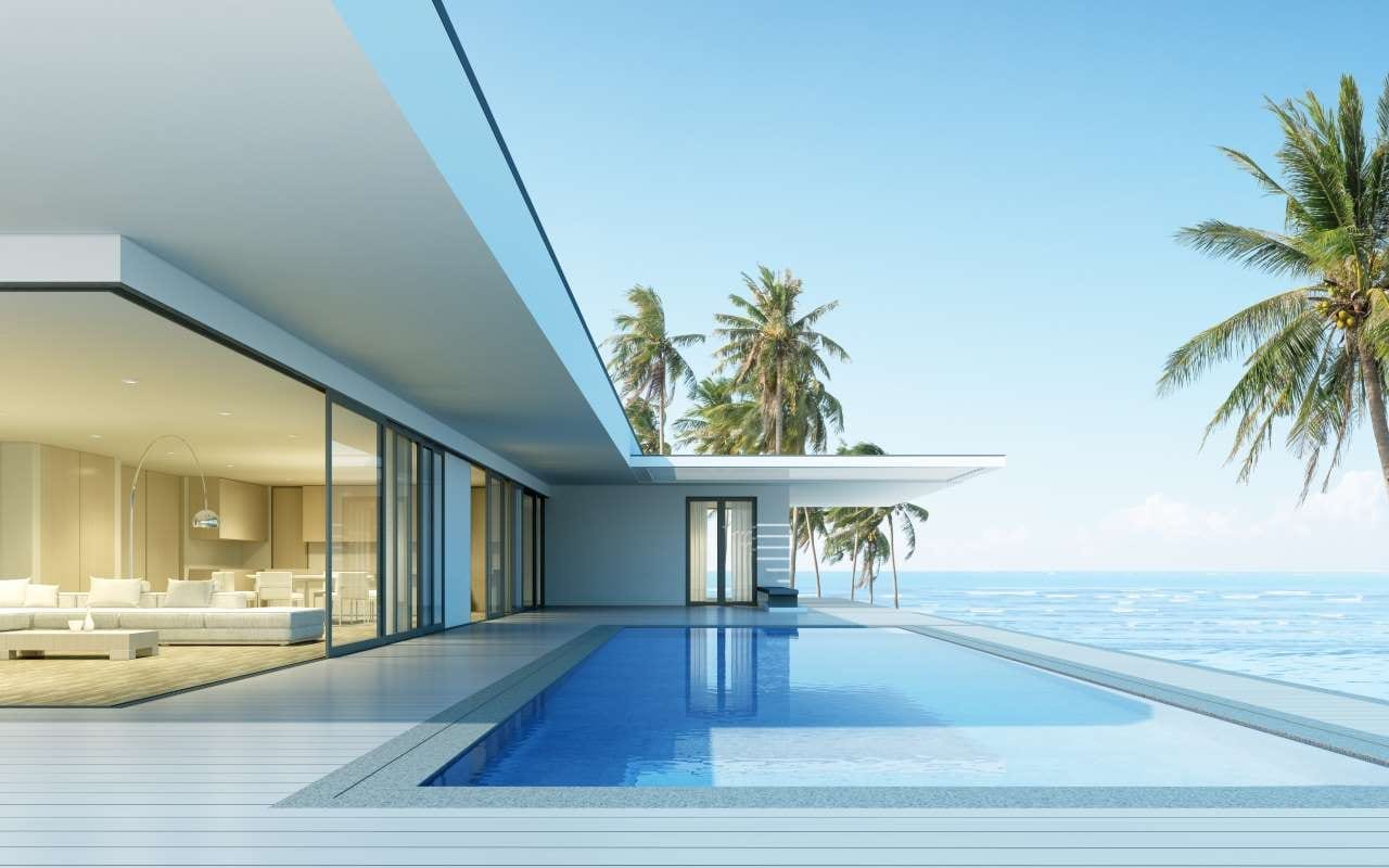 3D render of a modern house with a swimming pool