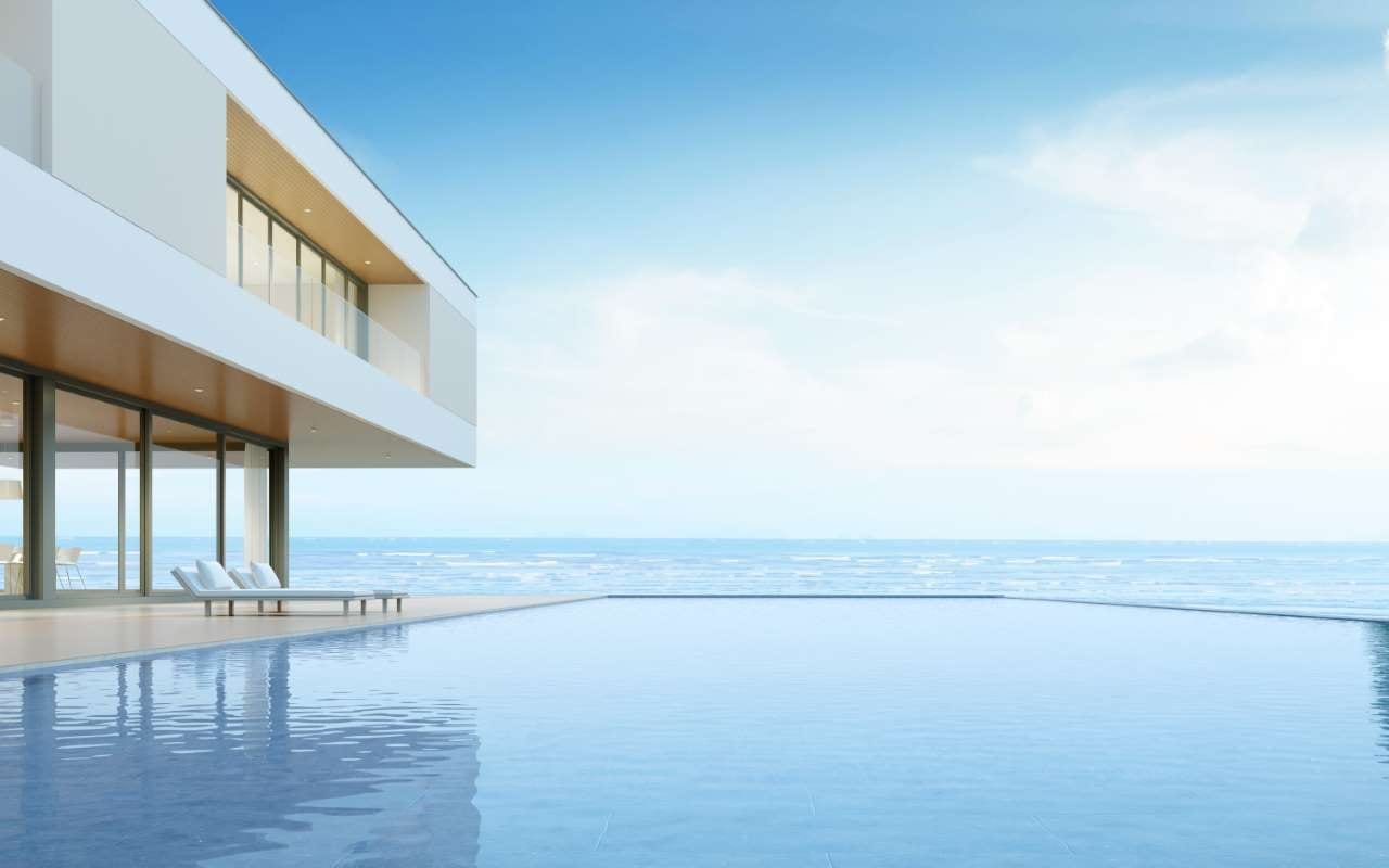 3D render of a modern house with a swimming pool and patio