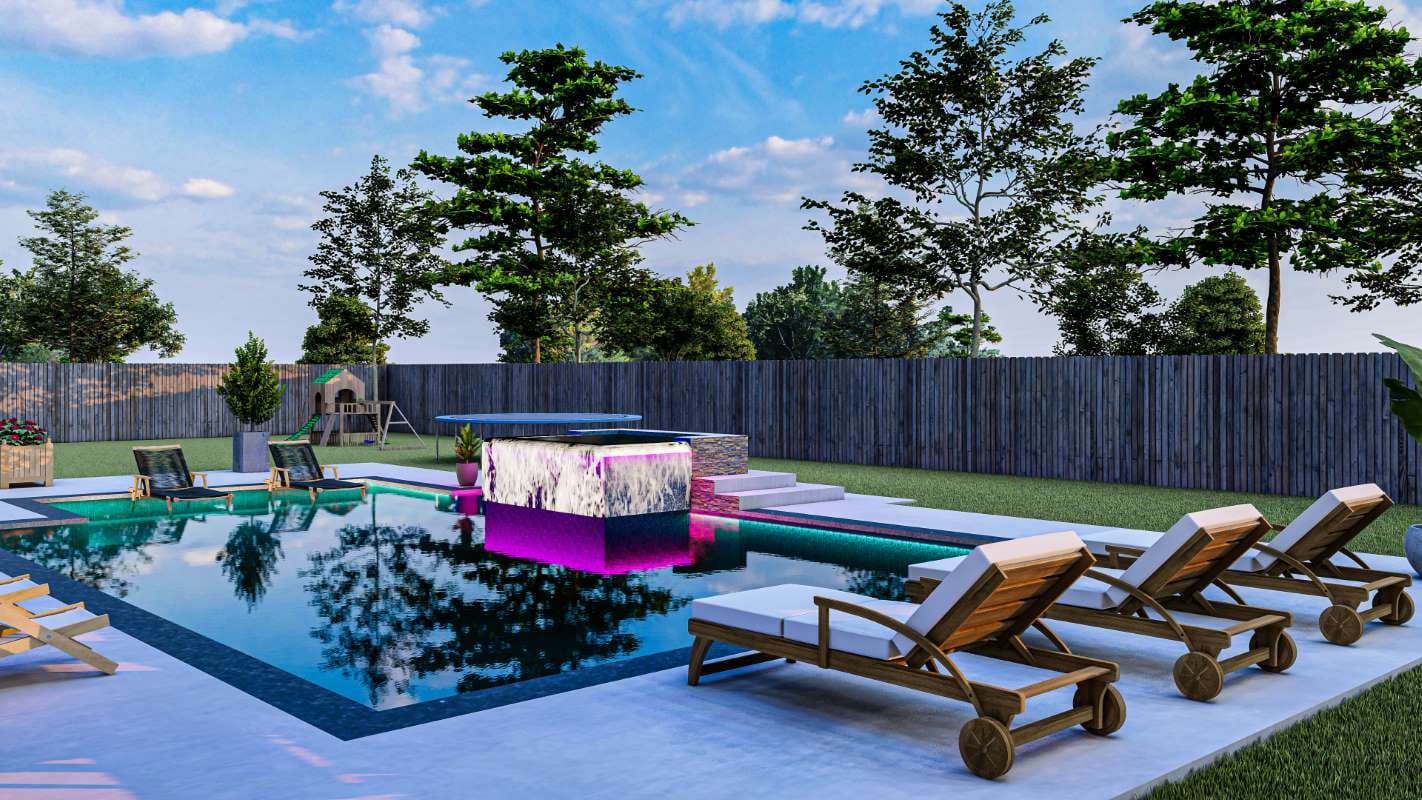 3D-rendered backyard pool and jacuzzi with evening lighting