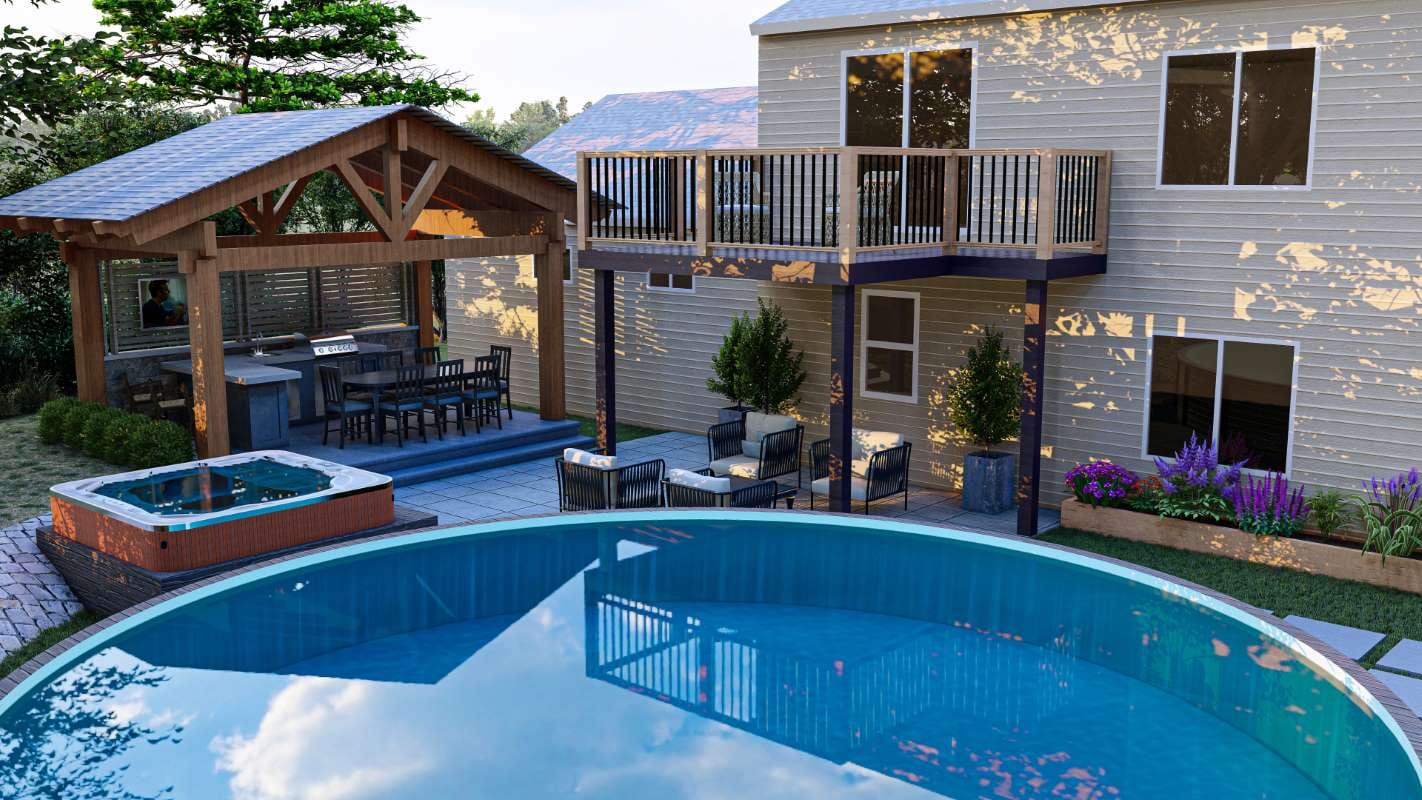 3D backyard with round pool, outdoor kitchen, play area, and fire pit