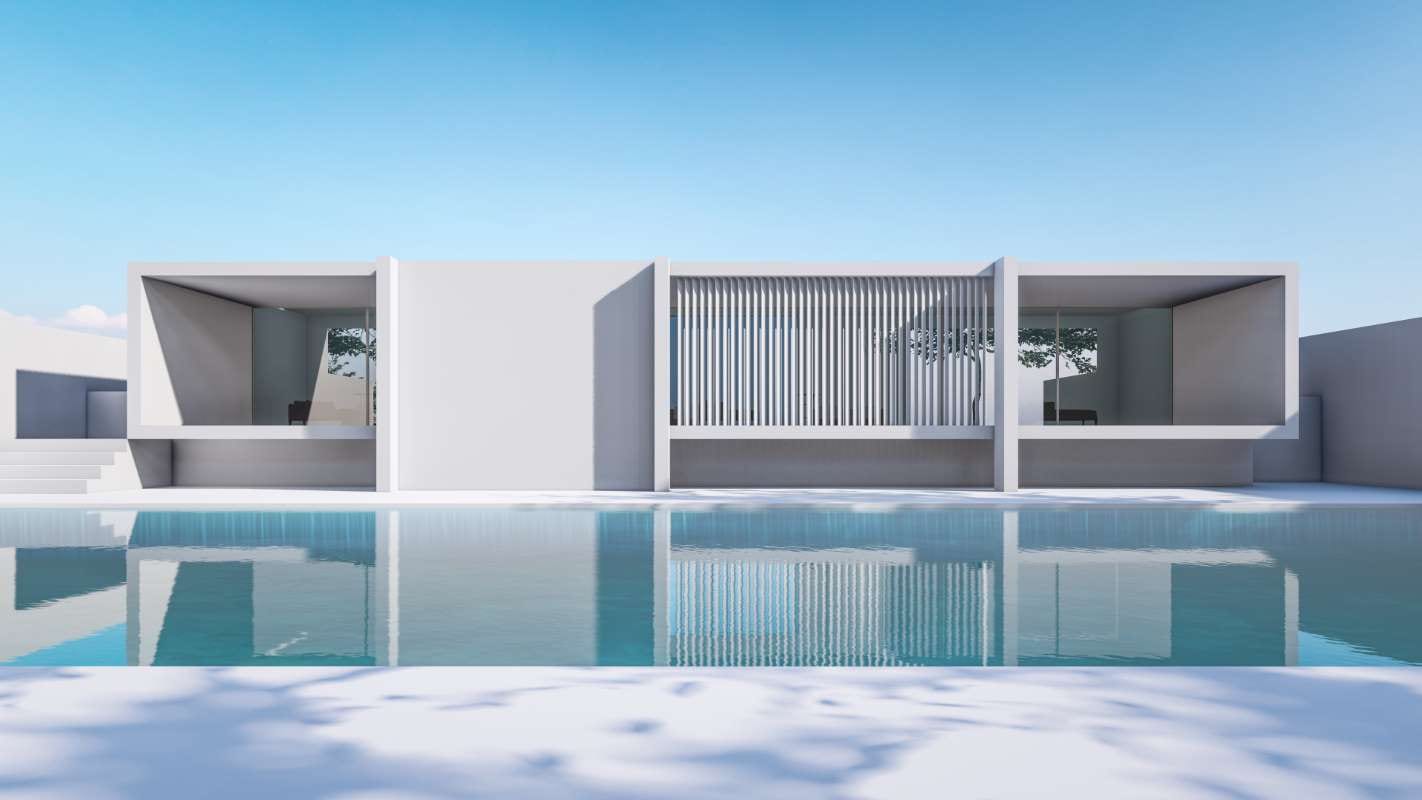 3D rendering of a modern house with a swimming pool