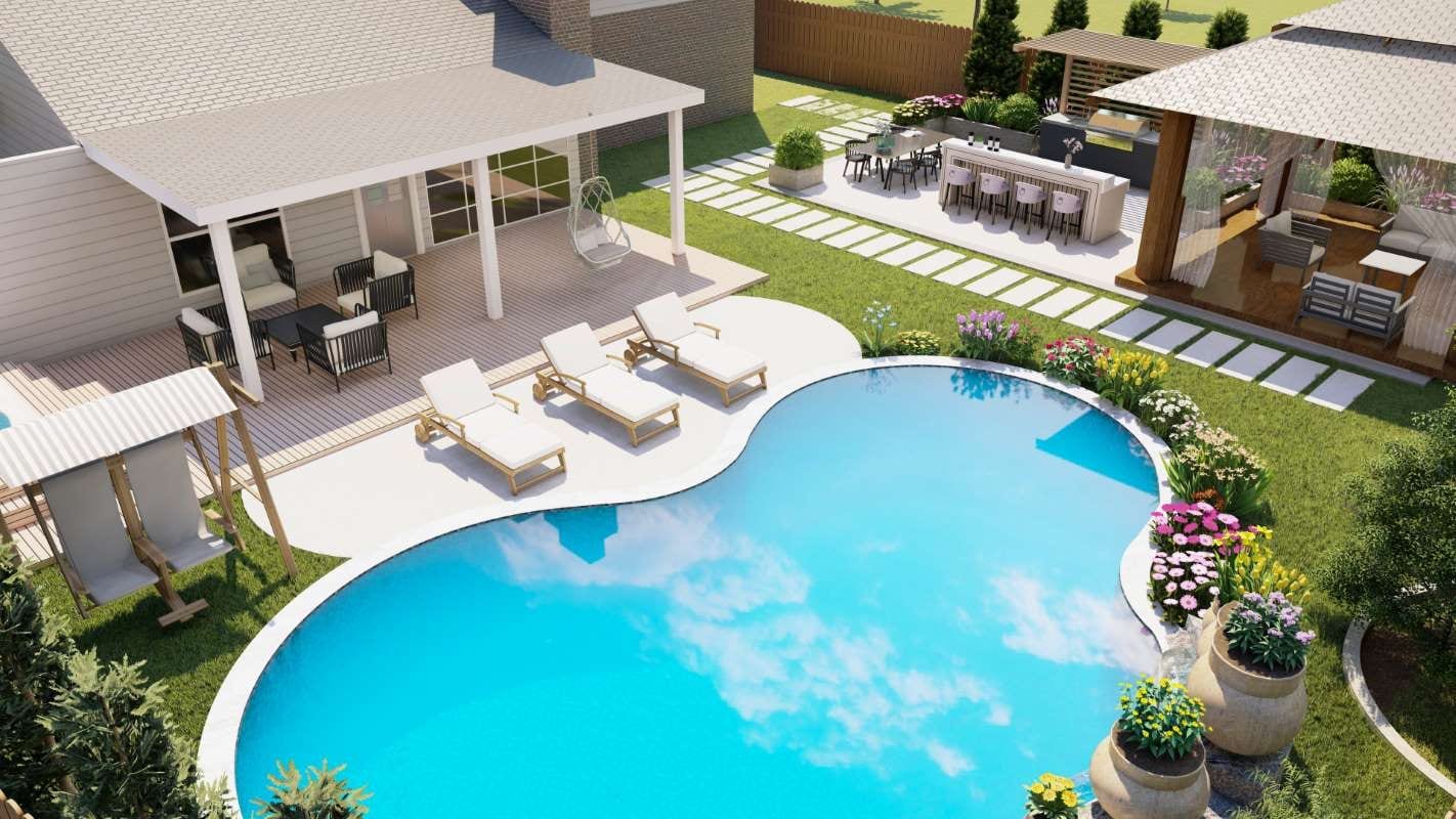 Backyard design with freeform pool and outdoor kitchen