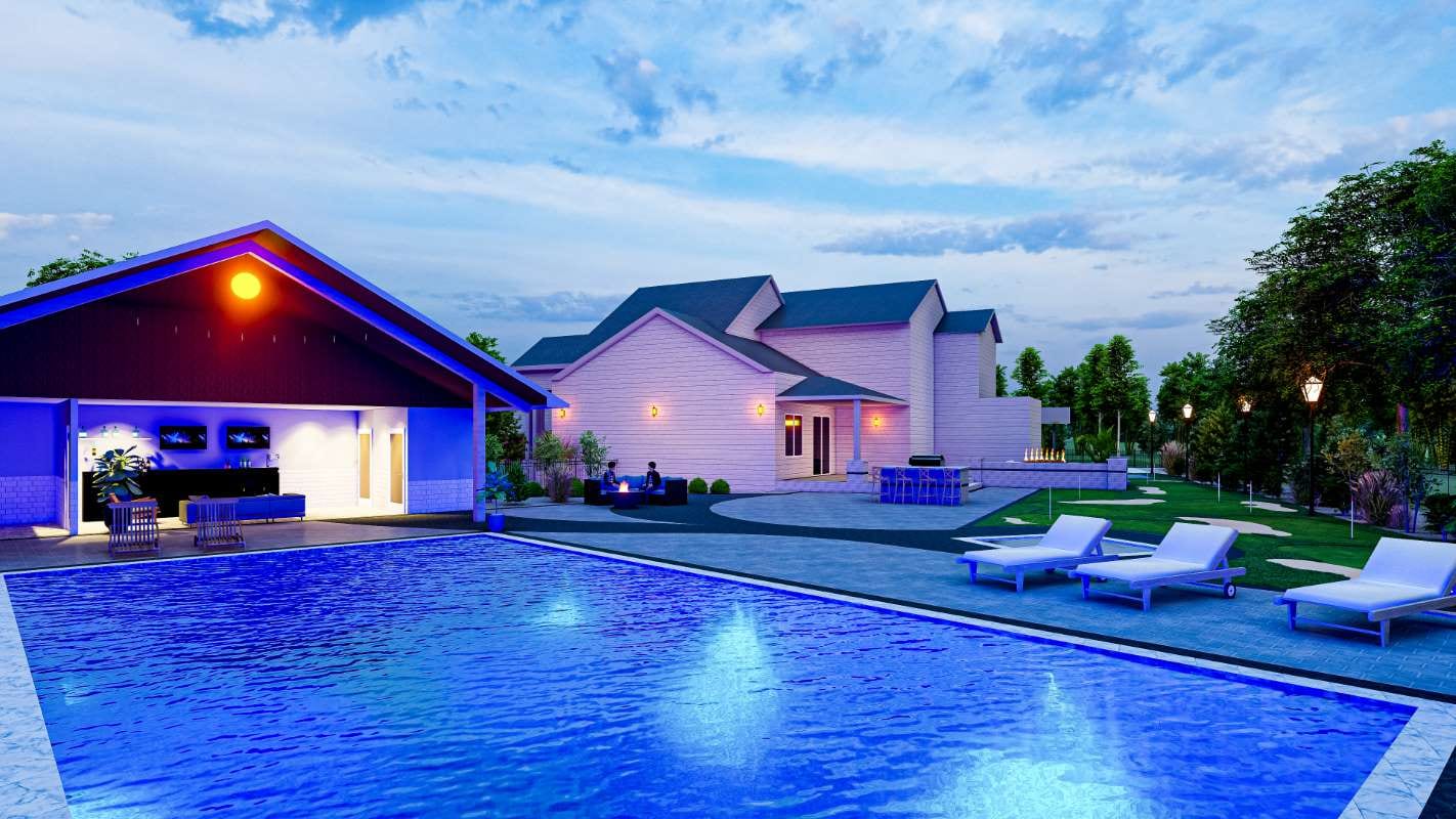 Backyard outdoor living space with pool, fire pit, kitchen, and basketball area