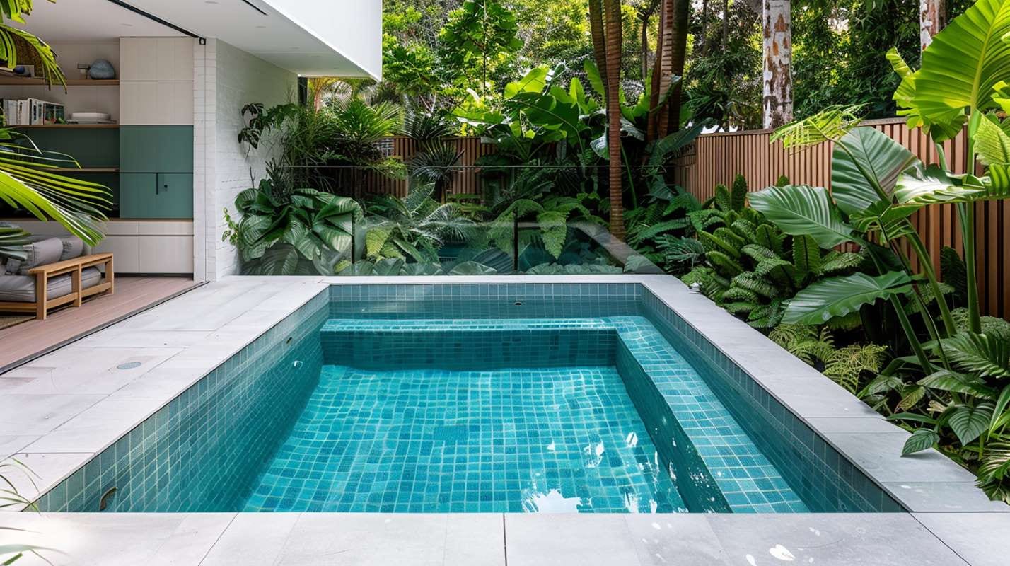 Blue tiled backyard pool outdoor area for pool business marketing