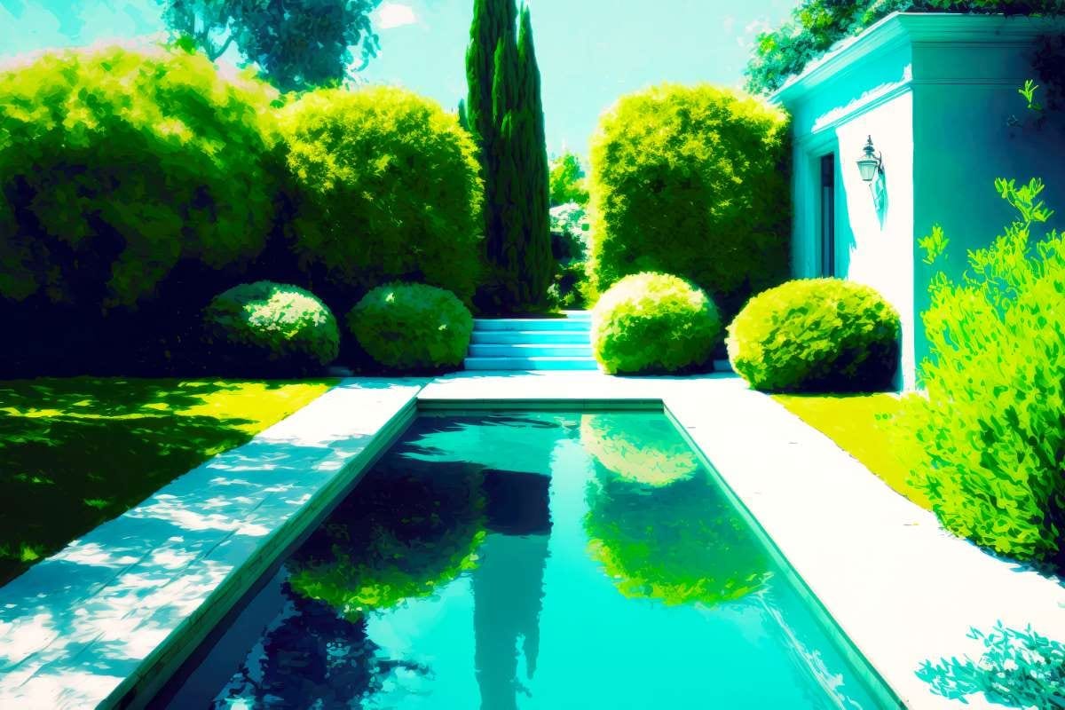 Bright summer backyard pool with diving board and lush greenery