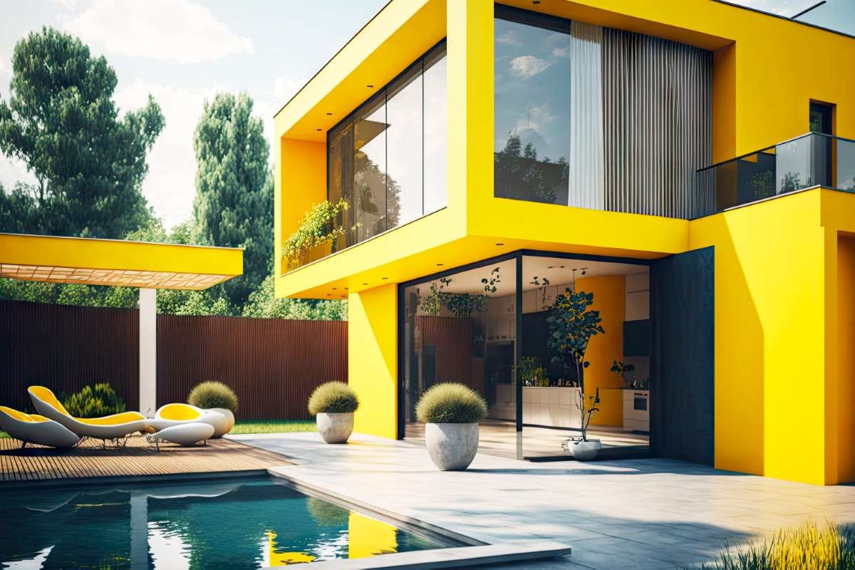 Bright yellow modern house with outdoor terrace and pool