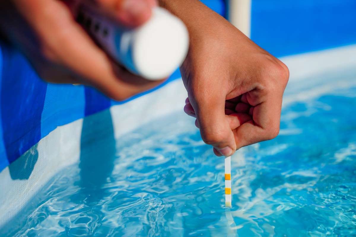 Pool water test strip checking pH, chlorine, and algaecide levels