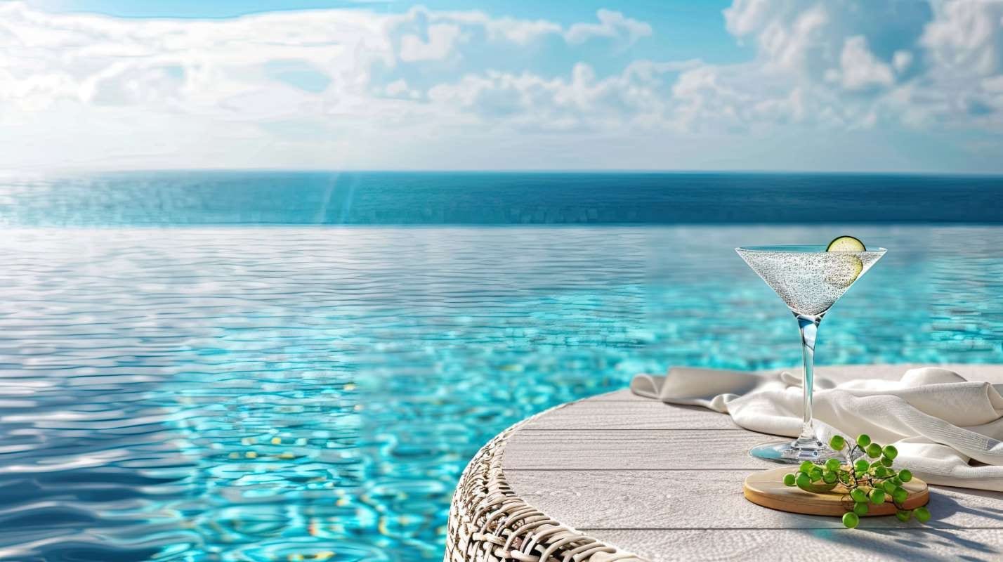 Cocktail glass shimmering on a pool deck with tranquil blue water backdrop