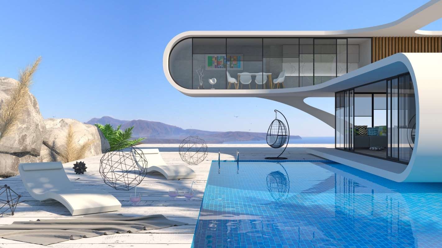 Futuristic seafront villa with swimming pool and modern outdoor deck