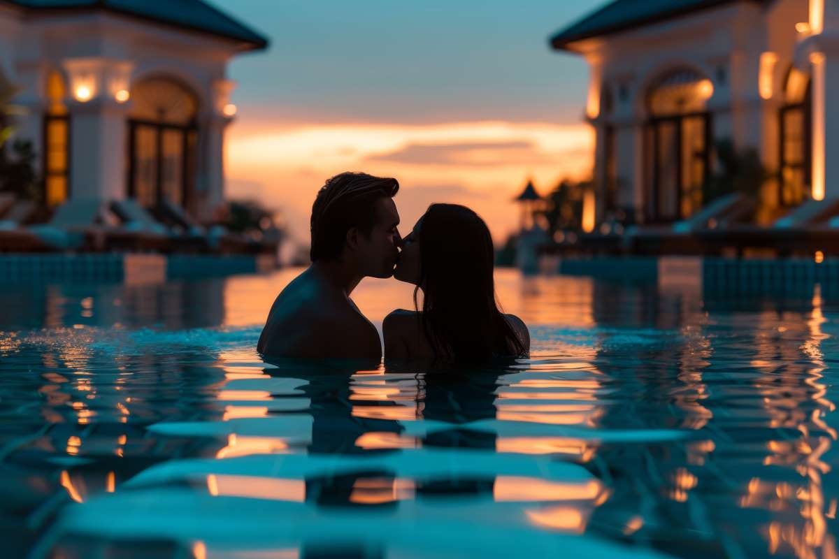 Couple kissing in a luxury pool at sunset with colorful reflections