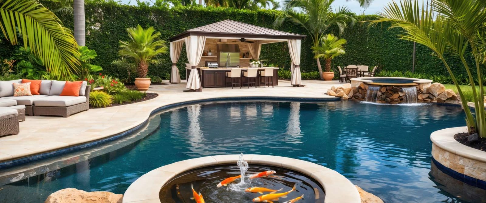 Elegant resort-style backyard with infinity pool and tranquil lounge areas