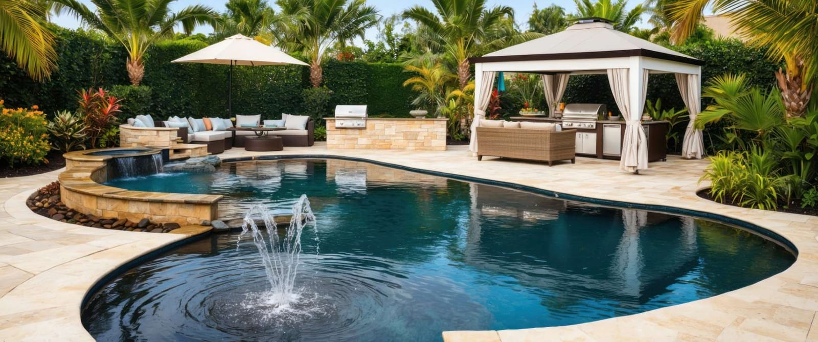 Elegant resort-style backyard with infinity pool and tranquil relaxation areas