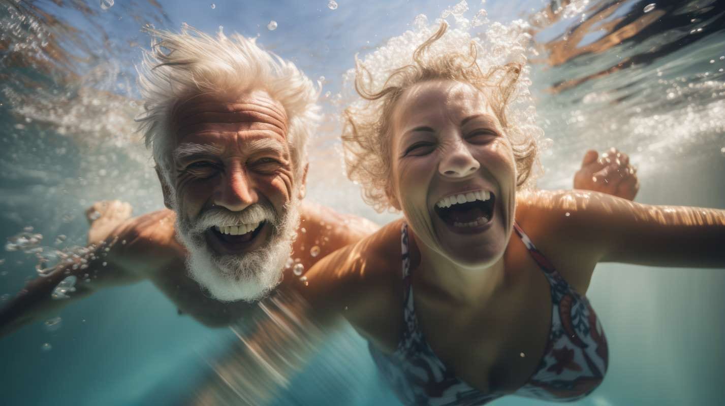 Happy senior couple swimming underwater in a pool, retirement lifestyle concept