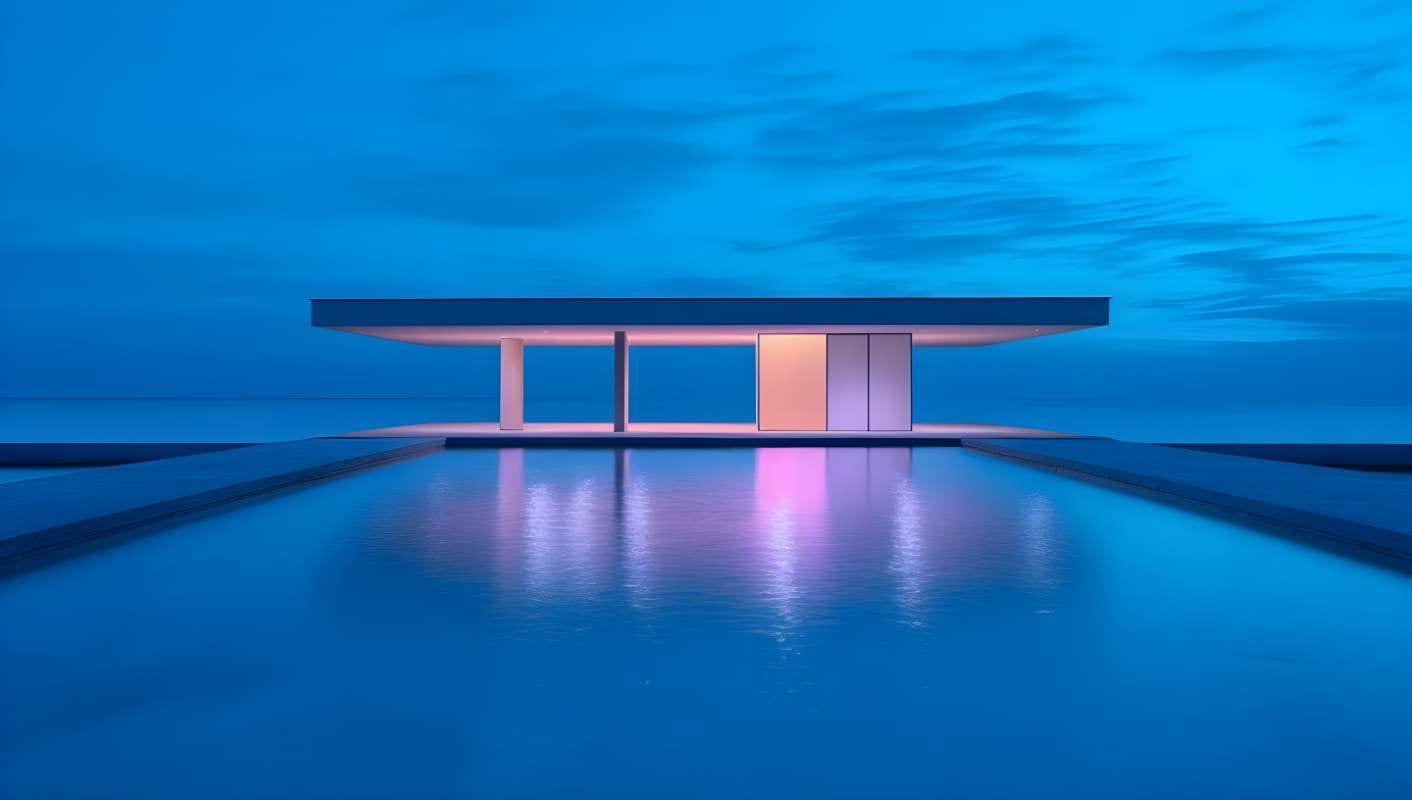 House by the sea with a pool under a blue-purple sky