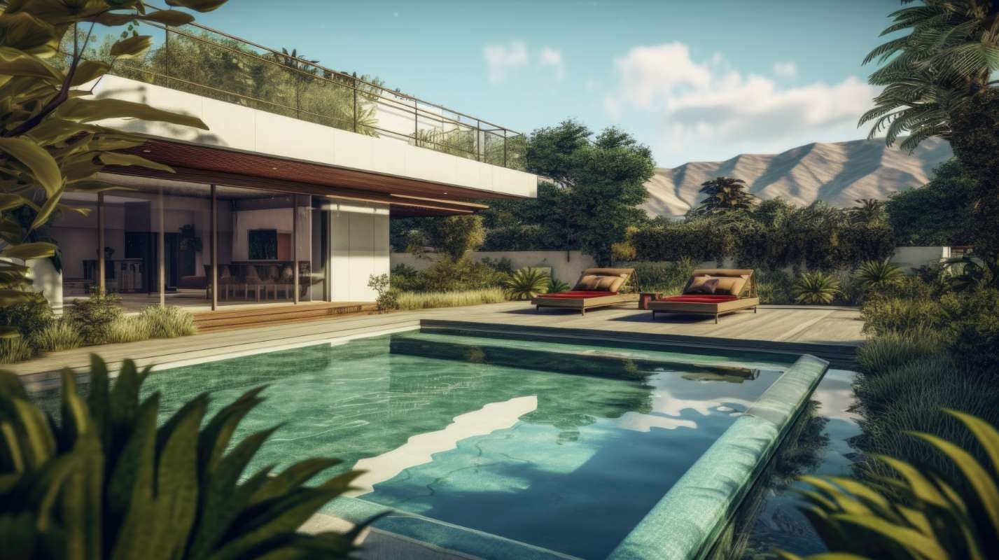Luxurious modern house with pool, garden, and mountain view
