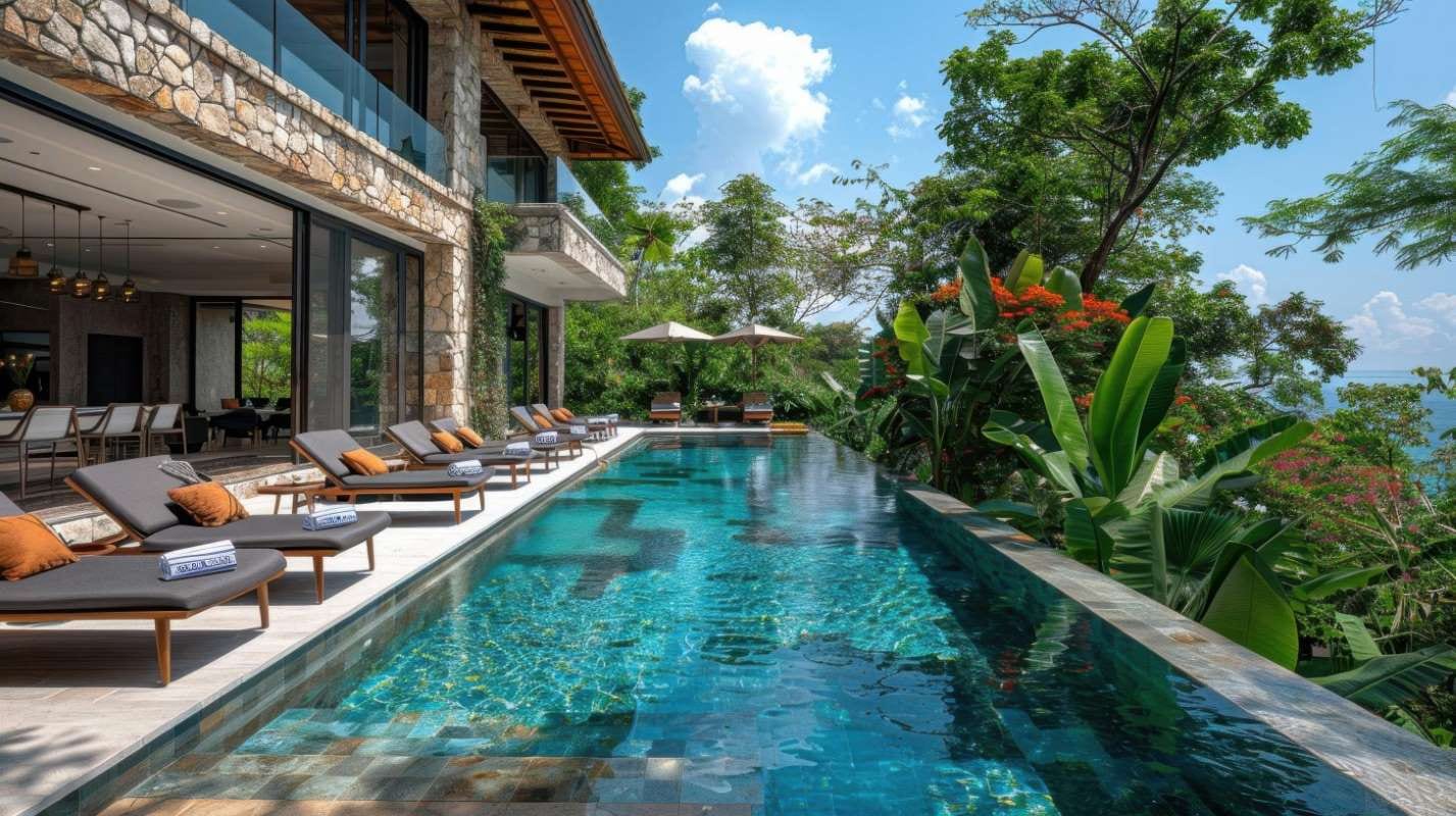 Modern resort pool with clear water and lounge chairs overlooking scenic surroundings