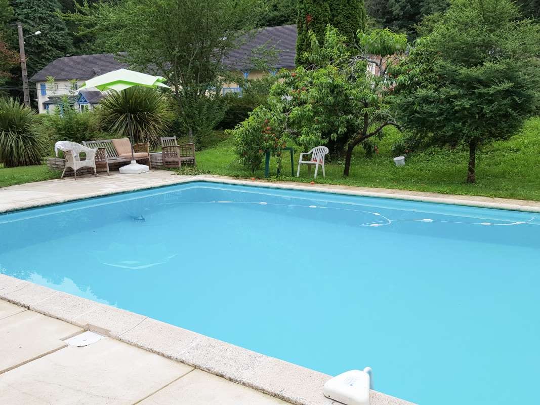 Outdoor swimming pool with blue water beside a garden