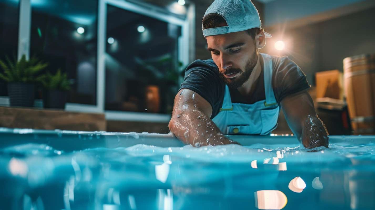 Plumber installing fixtures in a high-end spa facility