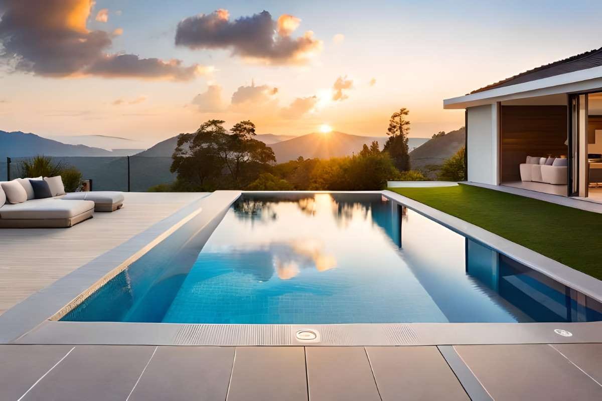 Pool house at sunset, setting the scene for Southeast pool maintenance insights