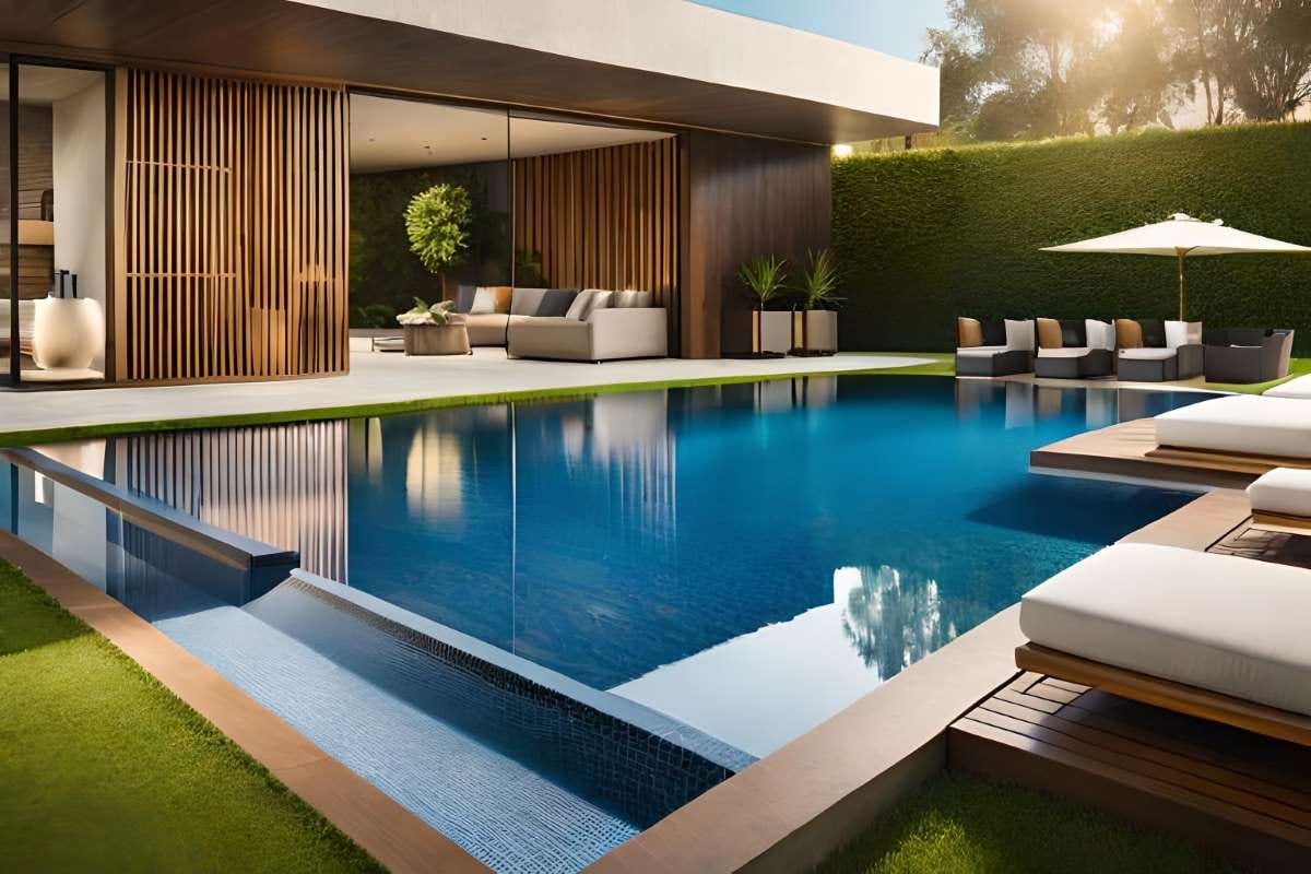 Architect-designed pool lounge area with modern seating and water feature