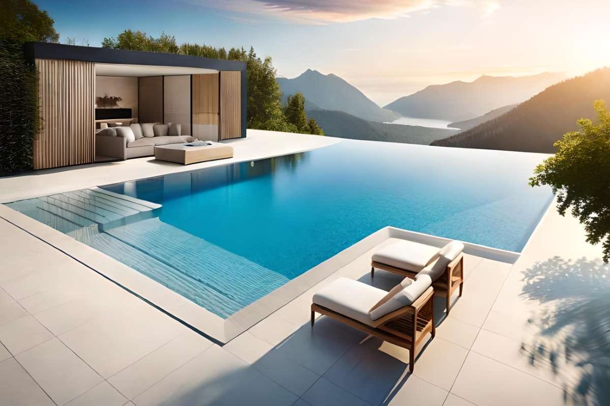 Pool with mountain view background behind a pool business article on liability waivers