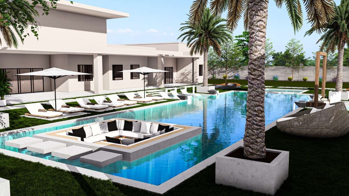 Palm tree reflecting in a swimming pool with water in the foreground