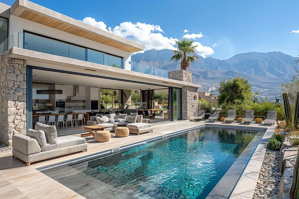 Palm trees reflected over a backyard pool