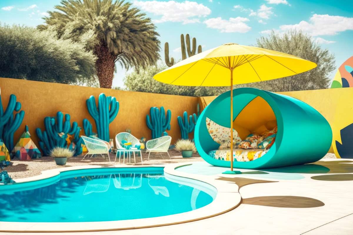 Backyard swimming pool with children’s slide and parasol, fitting seasonal pool business budgeting թեմing