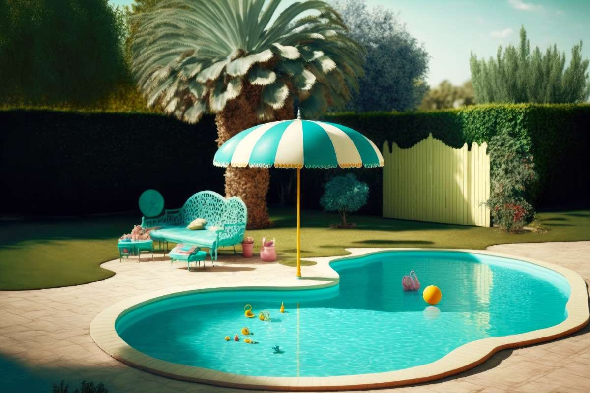 Backyard swimming pool with children’s slide and parasol