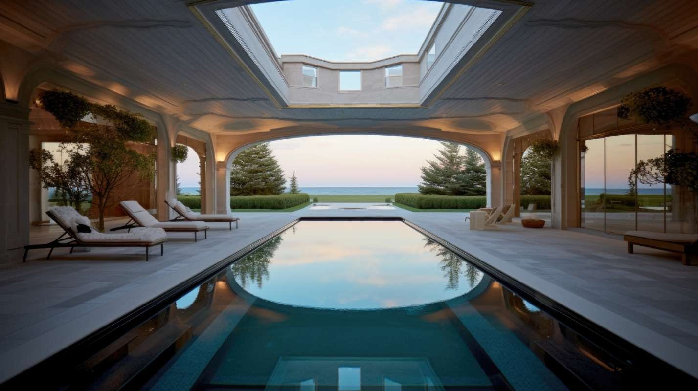 Luxury mansion pool with garden and ocean view under a blue sky