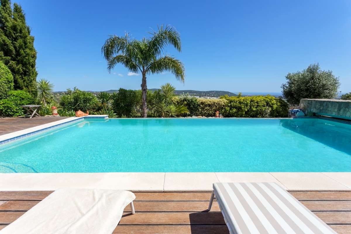 Modern swimming pool beside a garden and contemporary building