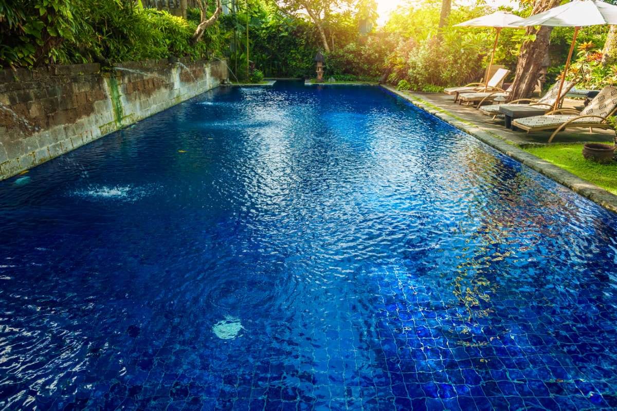 Tropical swimming pool with palm trees and clear blue water