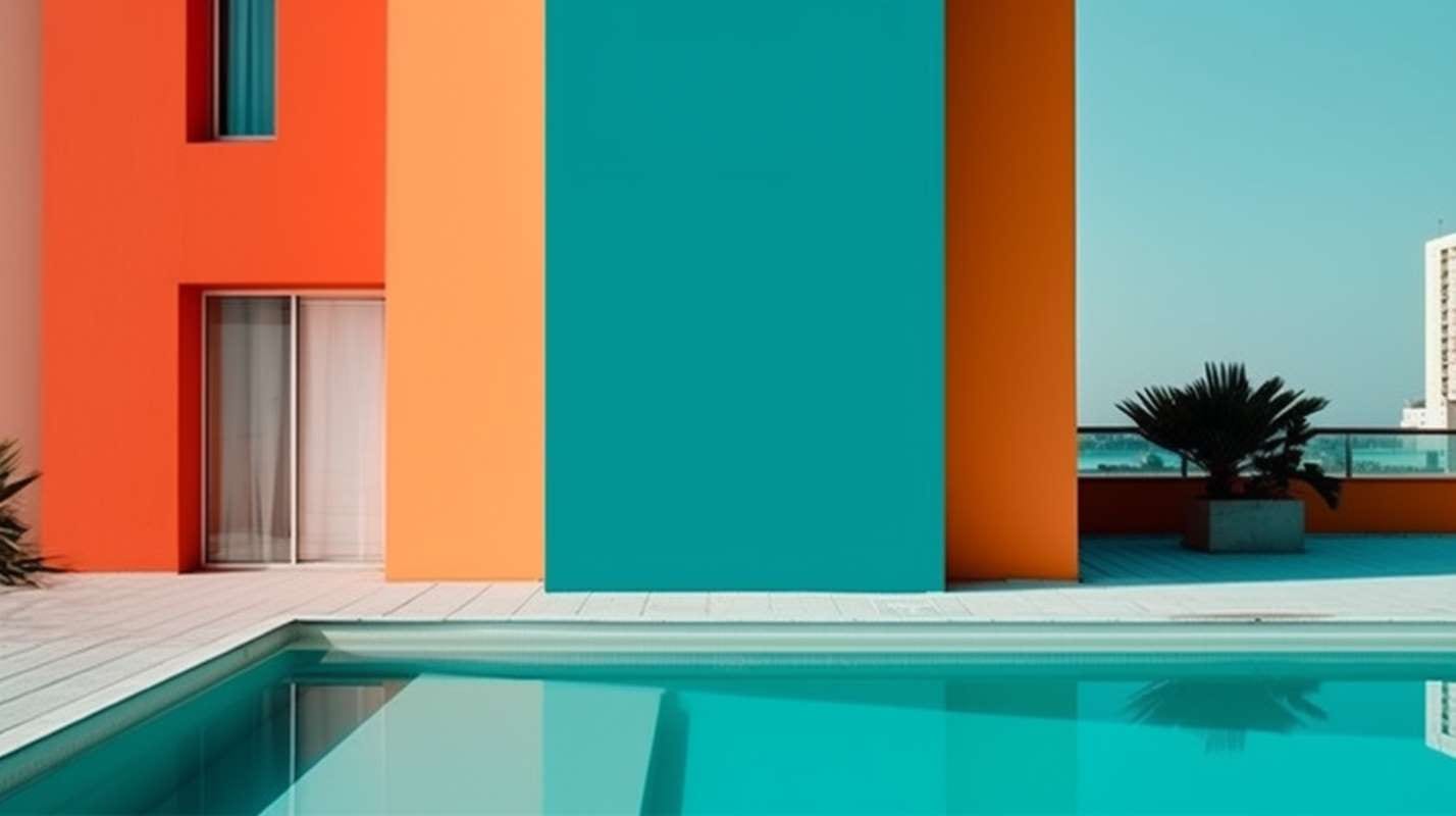 Swimming pool beside an orange and blue wall