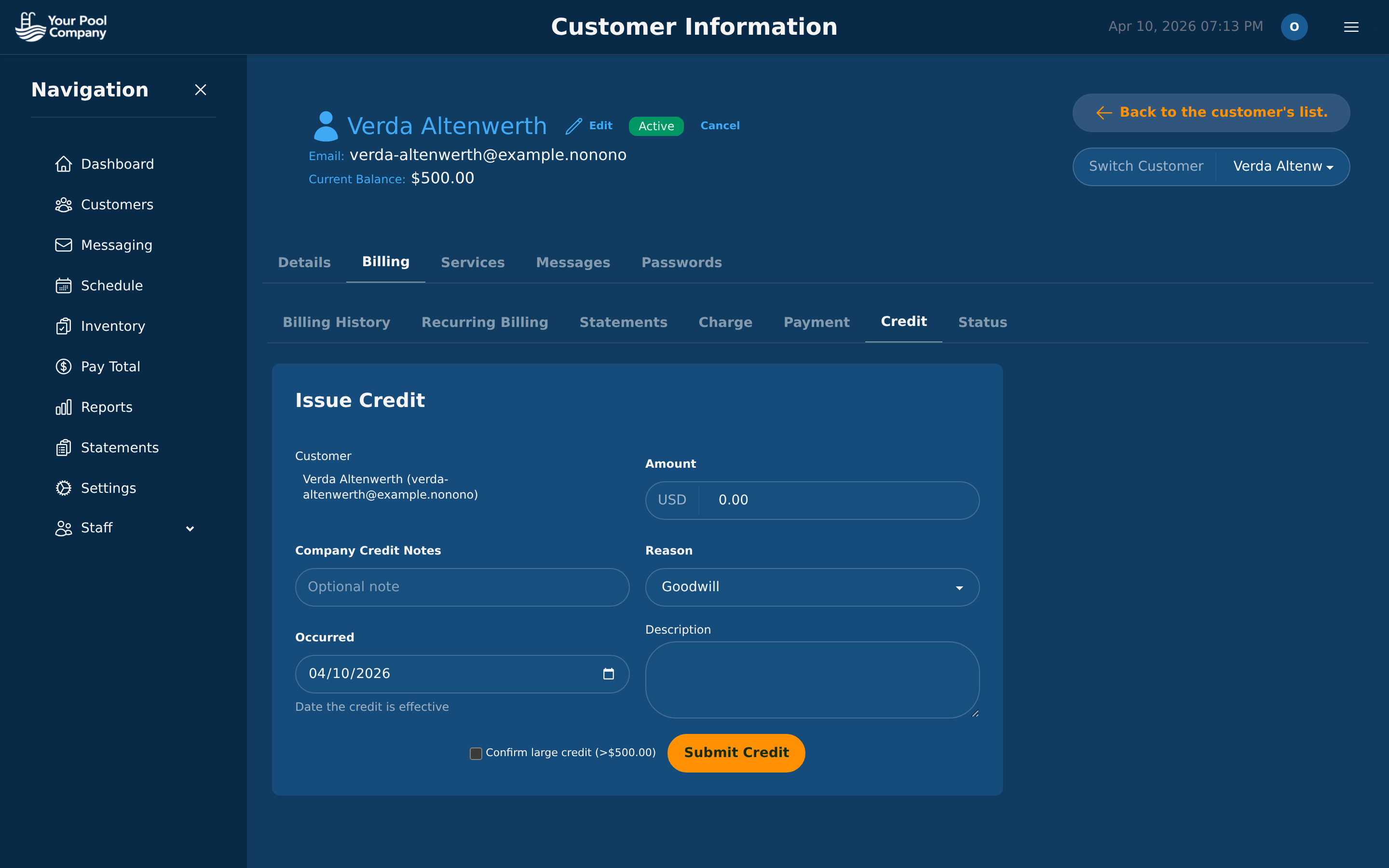 Issue Credit tab with amount, reason (goodwill/adjustment/error), and large credit confirmation