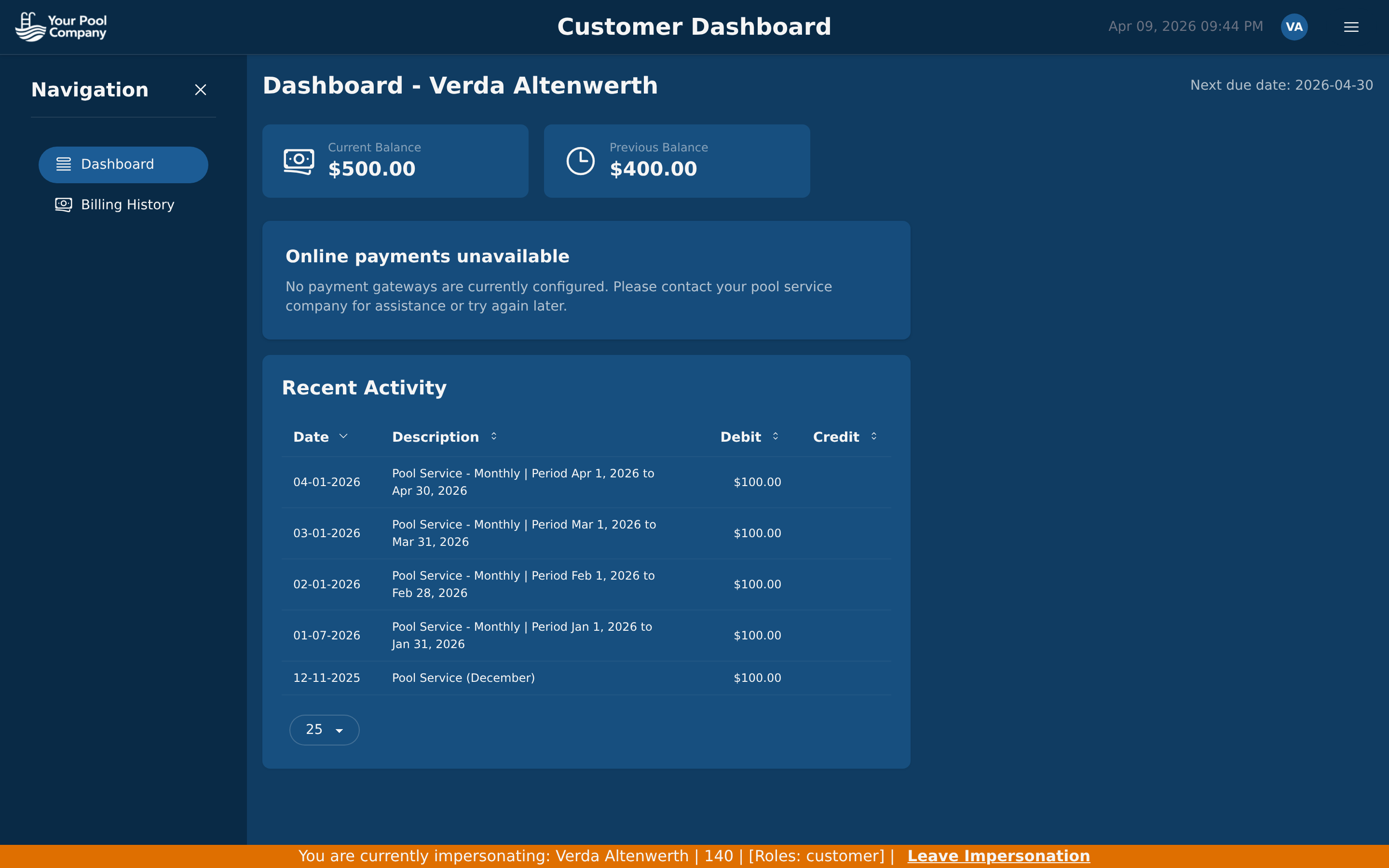EZ Pool Biller customer portal dashboard showing balance, invoices, and payment options