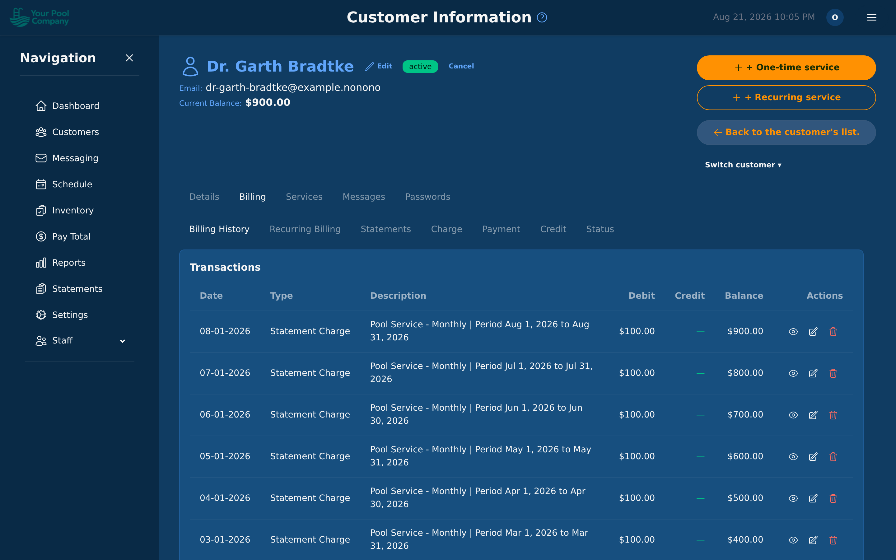 The Billing tab — charges, payments and credits in one place