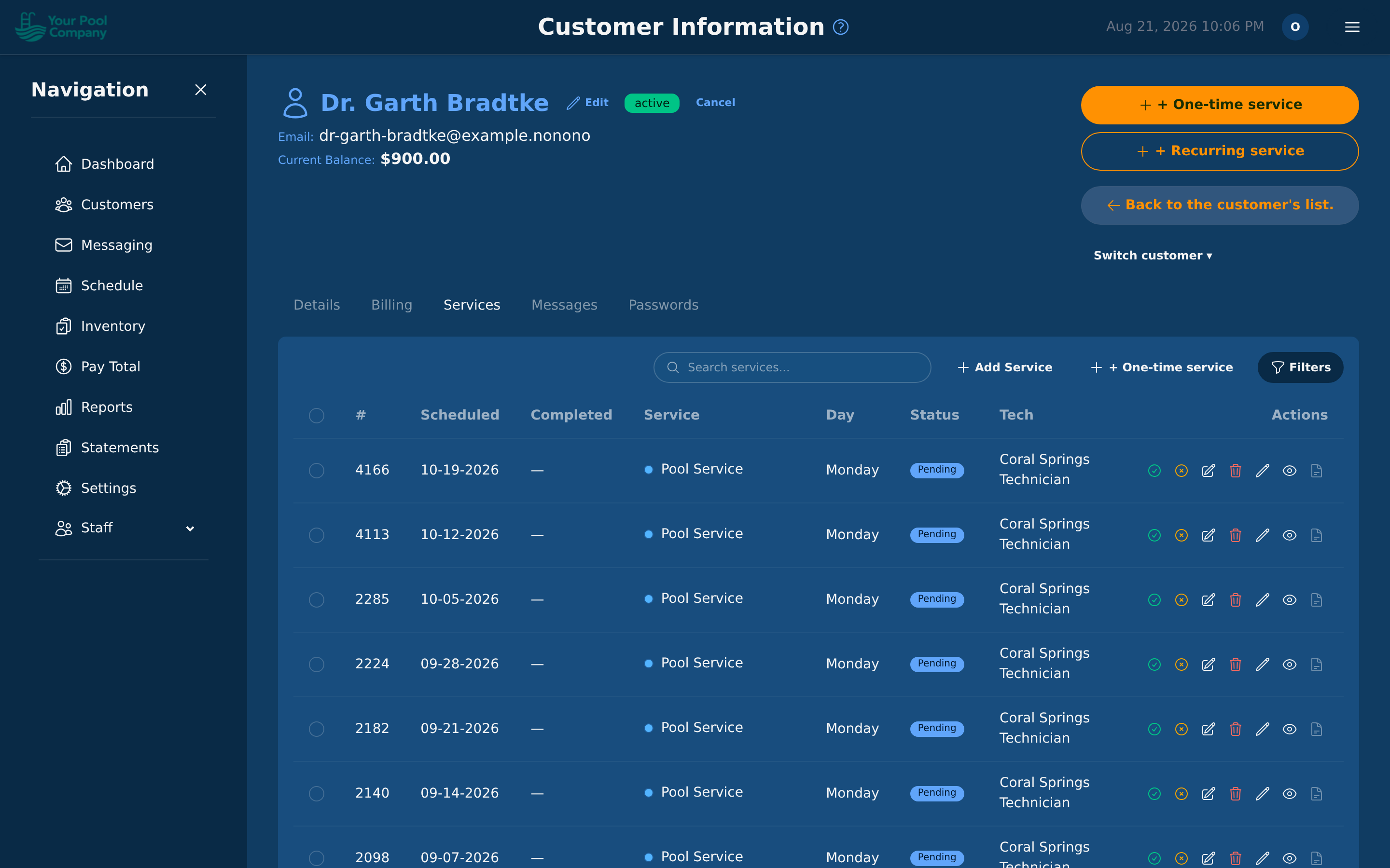 The Services tab — every visit for this customer