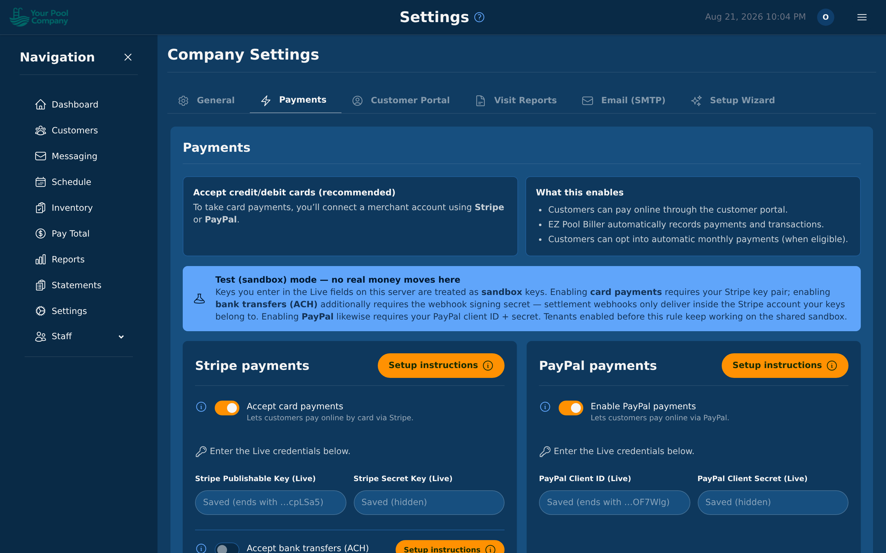 Payment settings — your Stripe and PayPal keys, and Test vs Live